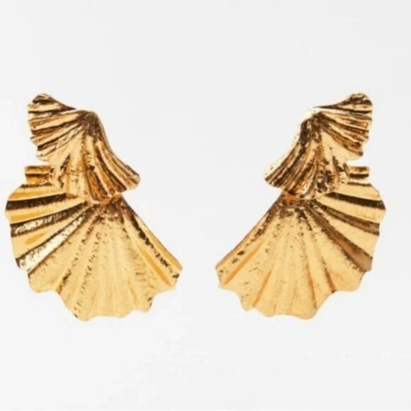 Zara Nwt Gold Fan Earrings New Without Tags - Picture 5 of 7